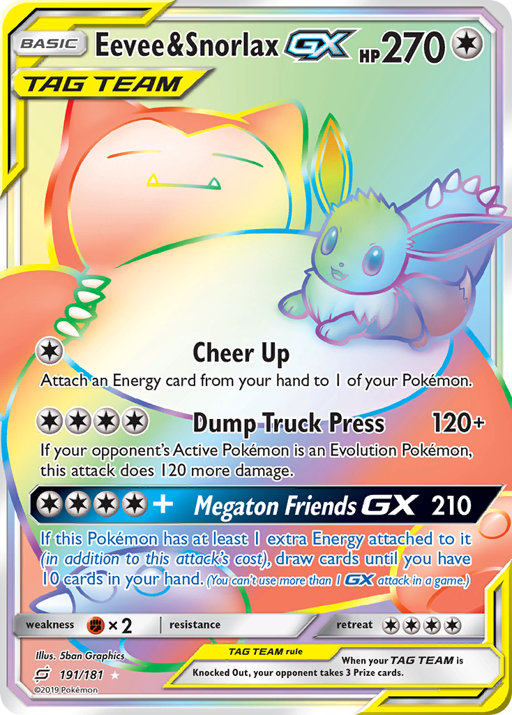 Eevee and Snorlax GX Rainbow Rare from Team Up 191/181