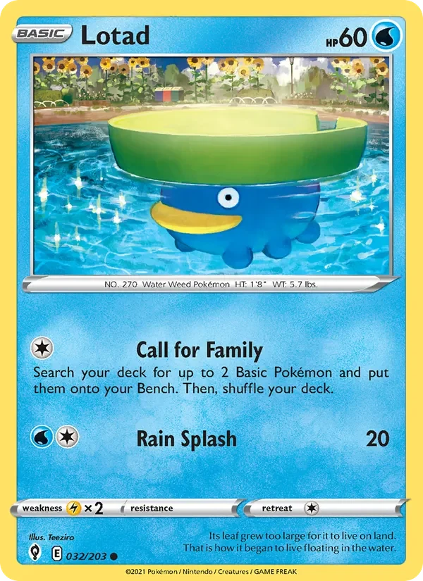 Lotad 032/203 Evolving Skies Pokémon card, Common, front scan