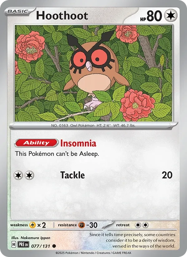Hoothoot 077/131 Prismatic Evolutions Pokémon card, Common, front scan