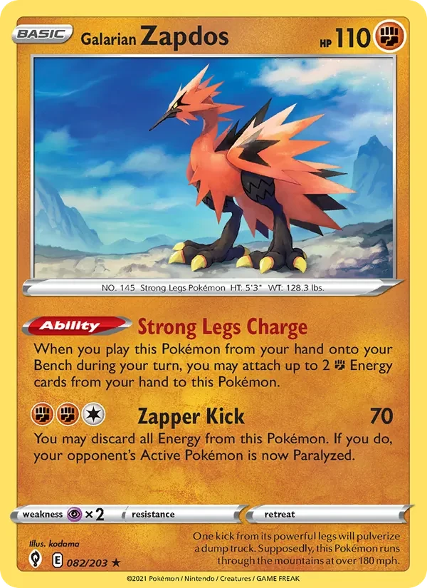 Galarian Zapdos 082/203 Evolving Skies Pokémon card, Holo Rare, front scan