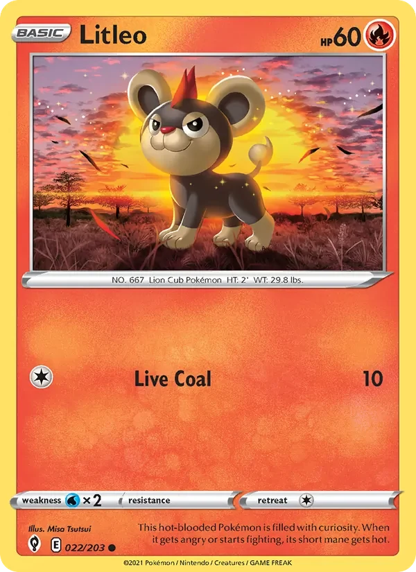 Litleo 022/203 Evolving Skies Pokémon card, Common, front scan