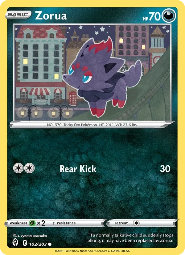 Zorua 102/203 Evolving Skies Pokémon card, Common, front scan