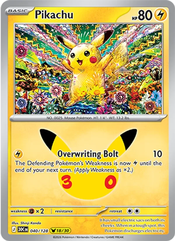 Pikachu 040/128 30th Celebration Pokémon card, Pikachu Rare, front scan