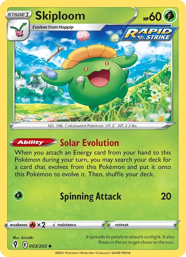 Skiploom 003/203 Evolving Skies Pokémon card, Uncommon, front scan
