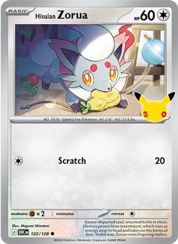 Hisuian Zorua 122/128 30th Celebration Pokémon card, Common, front scan