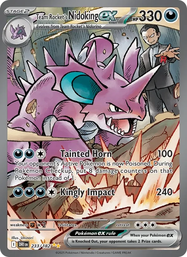 Team Rocket's Nidoking ex 233/182 Destined Rivals Pokémon card, Special Illustration Rare, front scan