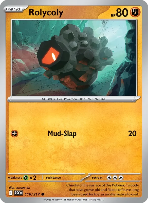 Rolycoly 118/217 Ascended Heroes Pokémon card, Common, front scan