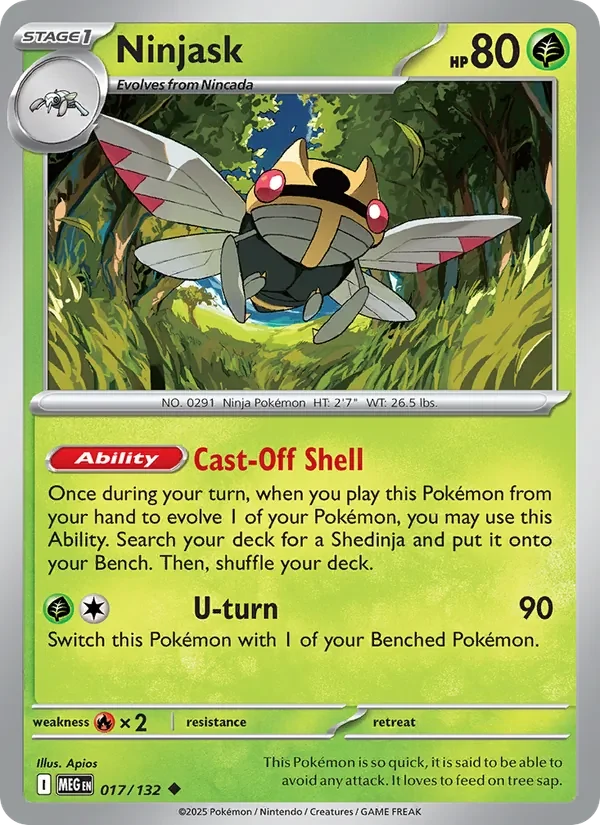 Ninjask 017/132 Mega Evolution Pokémon card, Uncommon, front scan