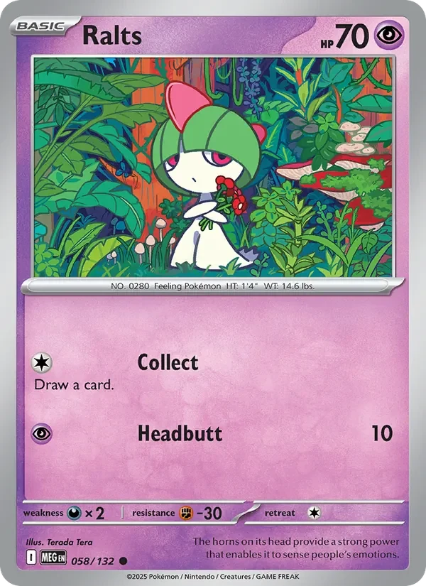 Ralts 058/132 Mega Evolution Pokémon card, Common, front scan