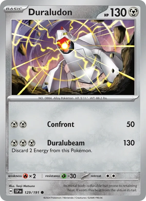 Duraludon 129/191 Surging Sparks Pokémon card, Common, front scan