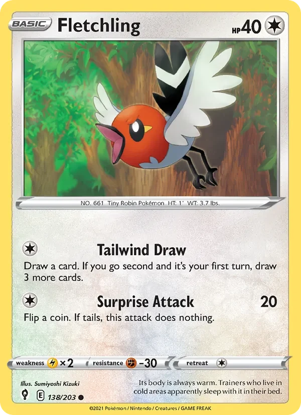Fletchling 138/203 Evolving Skies Pokémon card, Common, front scan