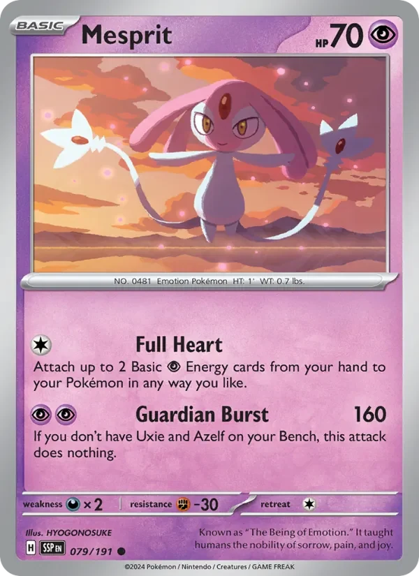 Mesprit 079/191 Surging Sparks Pokémon card, Common, front scan