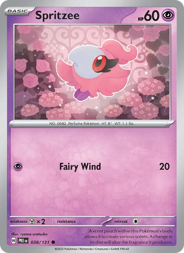 Spritzee 038/131 Prismatic Evolutions Pokémon card, Common, front scan