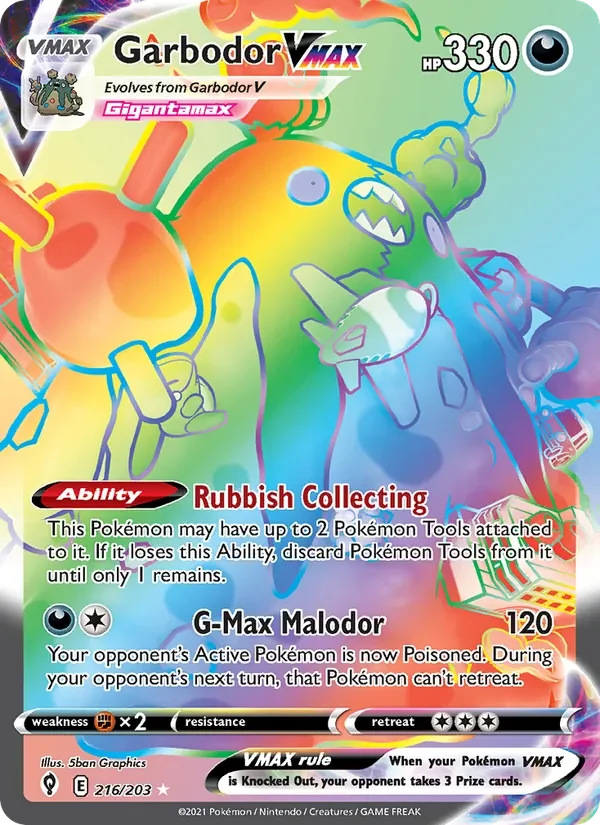 Garbodor VMAX 216/203 Evolving Skies Pokémon card, Secret Rare, front scan