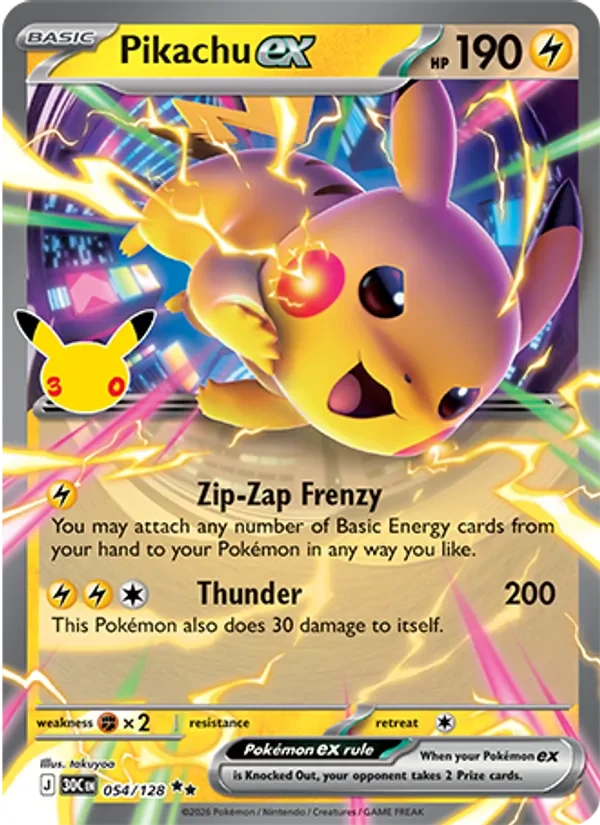Pikachu ex 054/128 30th Celebration Pokémon card, Double Rare, front scan