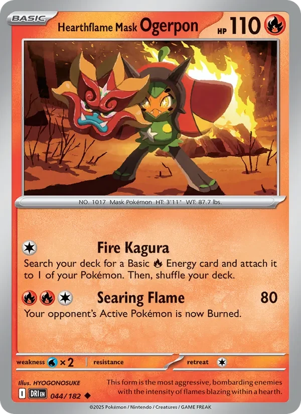 Hearthflame Mask Ogerpon 044/182 Destined Rivals Pokémon card, Uncommon, front scan