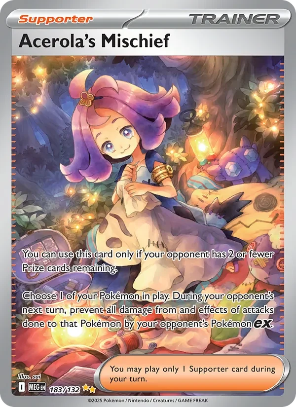 Acerola's Mischief 183/132 Mega Evolution Pokémon card, Special Illustration Rare, front scan