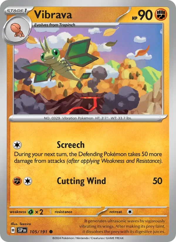 Vibrava 105/191 Surging Sparks Pokémon card, Common, front scan