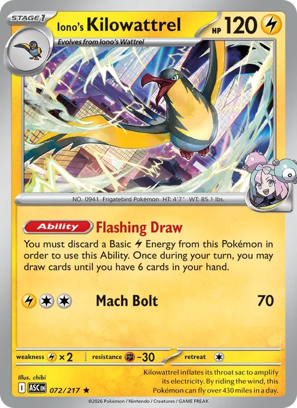 Iono's Kilowattrel 072/217 Ascended Heroes Pokémon card, Rare, front scan