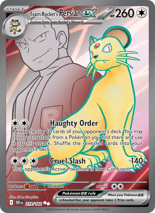 Team Rocket's Persian ex 219/182 Destined Rivals Pokémon card, Ultra Rare, front scan