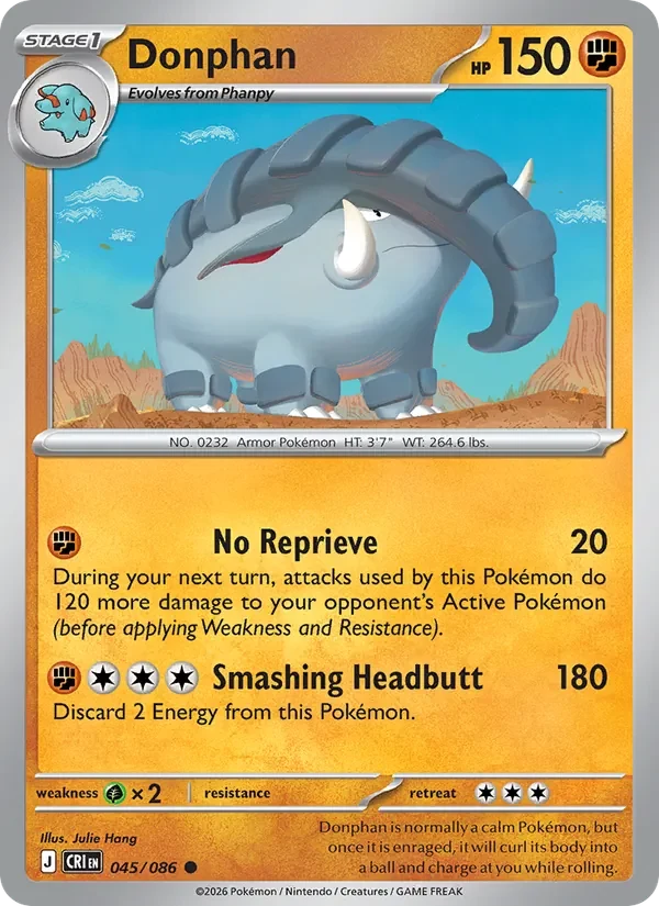 Donphan 045/086 Chaos Rising Pokémon card, Common, front scan