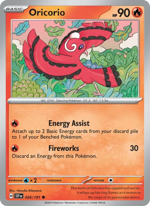 Oricorio 026/191 Surging Sparks Pokémon card, Common, front scan
