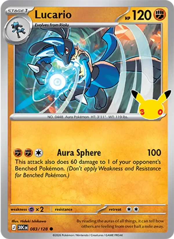 Lucario 083/128 30th Celebration Pokémon card, Common, front scan