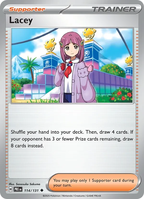 Lacey 114/131 Prismatic Evolutions Pokémon card, Uncommon, front scan