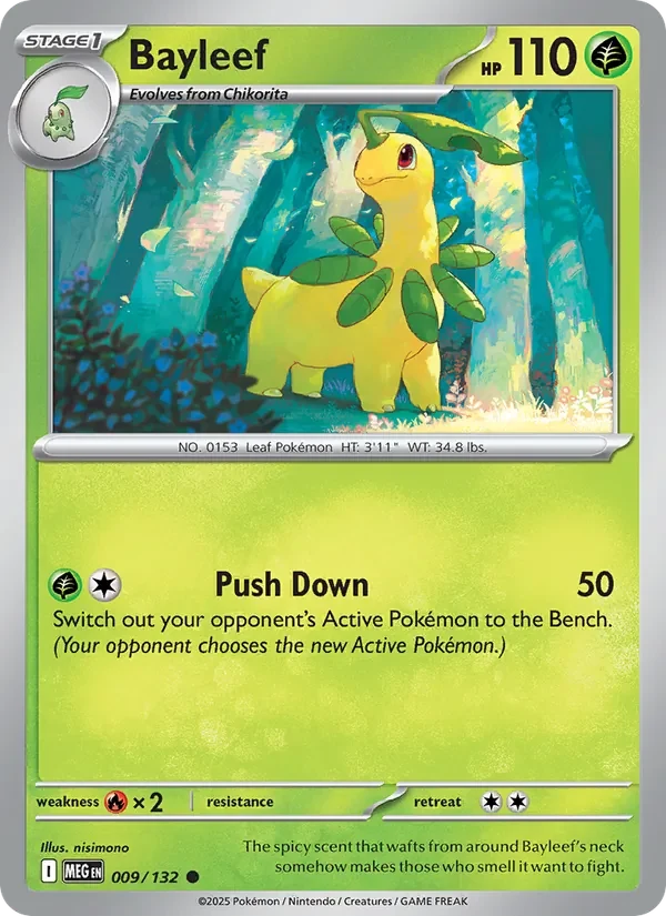 Bayleef 009/132 Mega Evolution Pokémon card, Common, front scan