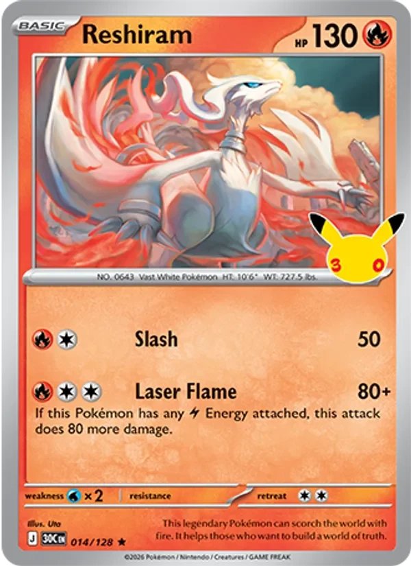 Reshiram 014/128 30th Celebration Pokémon card, Rare, front scan