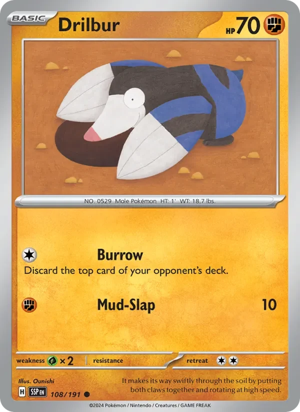 Drilbur 108/191 Surging Sparks Pokémon card, Common, front scan