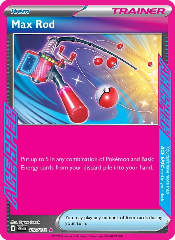 Max Rod 116/131 Prismatic Evolutions Pokémon card, Ace Spec Rare, front scan