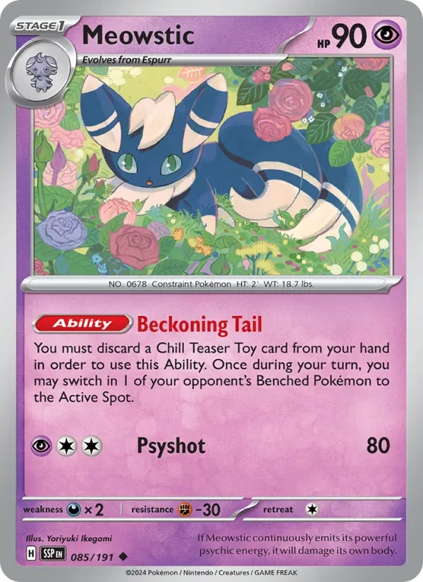 Meowstic 085/191 Surging Sparks Pokémon card, Uncommon, front scan
