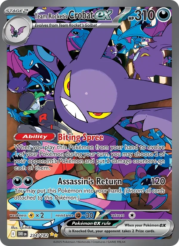 Team Rocket's Crobat ex 234/182 Destined Rivals Pokémon card, Special Illustration Rare, front scan