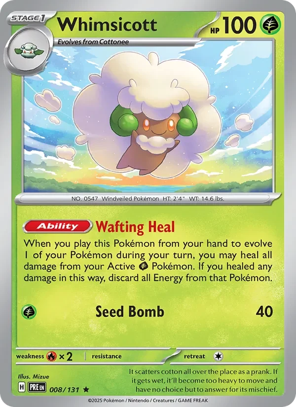 Whimsicott 008/131 Prismatic Evolutions Pokémon card, Rare, front scan