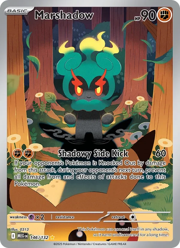 Marshadow 146/132 Mega Evolution Pokémon card, Illustration Rare, front scan