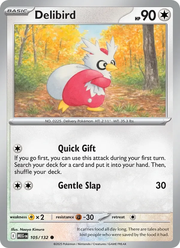 Delibird 105/132 Mega Evolution Pokémon card, Common, front scan