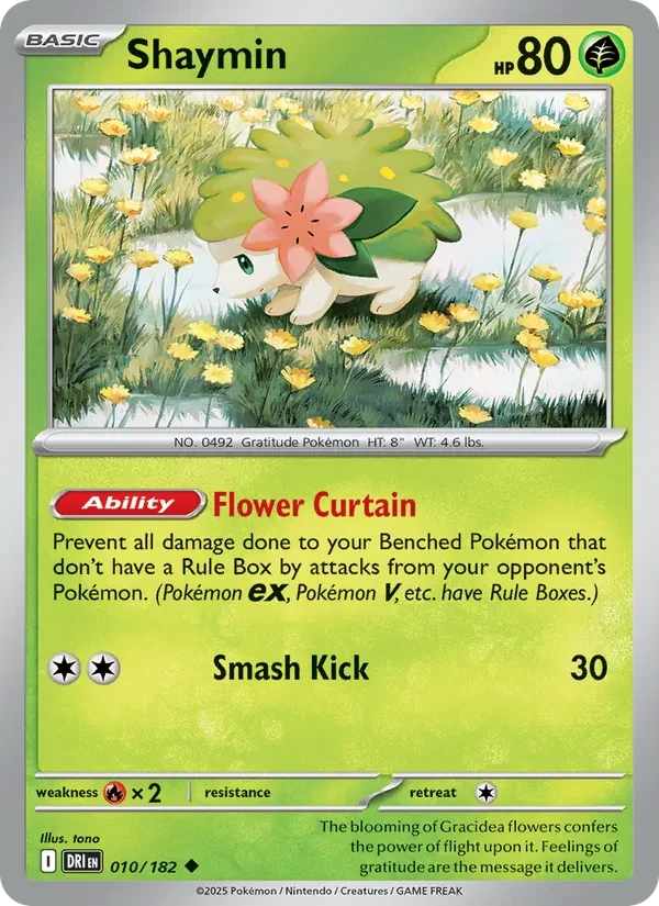 Shaymin 010/182 Destined Rivals Pokémon card, Uncommon, front scan