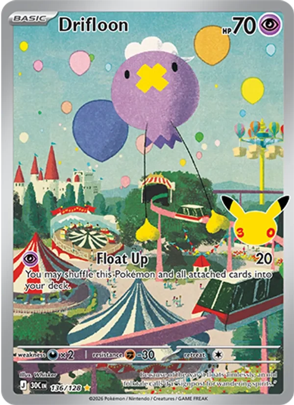 Drifloon 136/128 30th Celebration Pokémon card, Illustration Rare, front scan