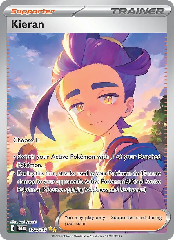 Kieran 174/131 Prismatic Evolutions Pokémon card, Special Illustration Rare, front scan
