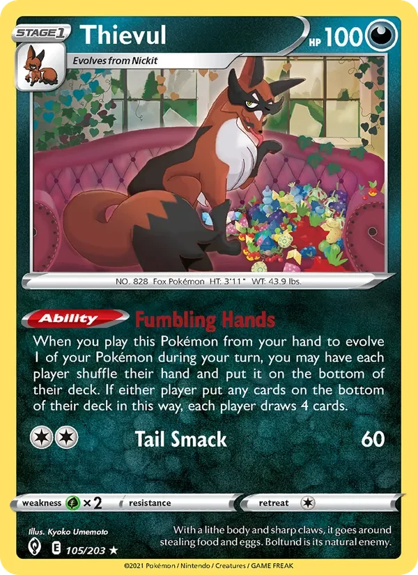 Thievul 105/203 Evolving Skies Pokémon card, Rare, front scan