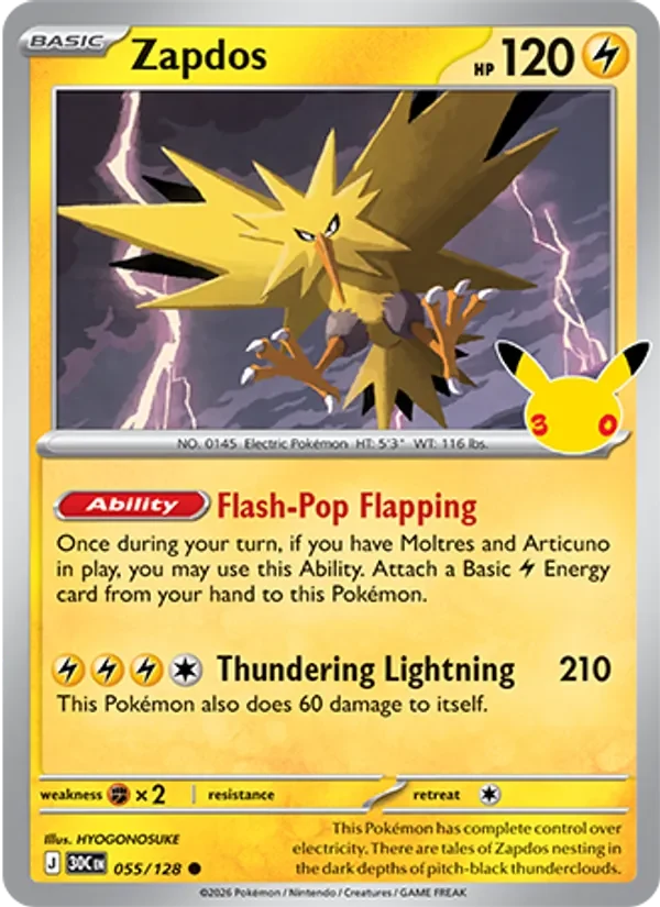 Zapdos 055/128 30th Celebration Pokémon card, Common, front scan