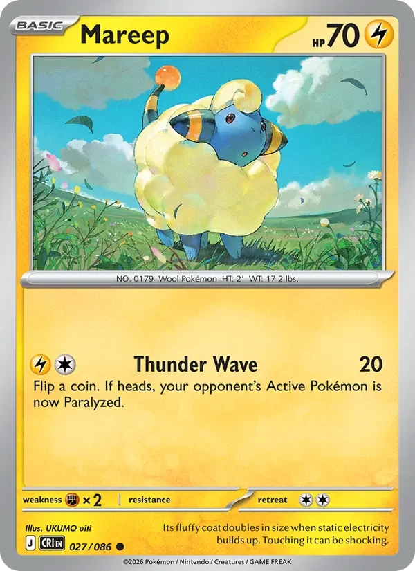 Mareep 027/086 Chaos Rising Pokémon card, Common, front scan