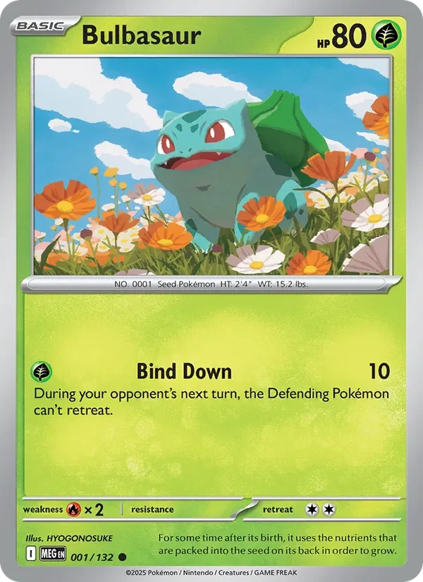 Bulbasaur 001/132 Mega Evolution Pokémon card, Common, front scan