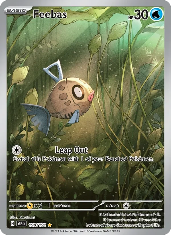 Feebas 198/191 Surging Sparks Pokémon card, Illustration Rare, front scan
