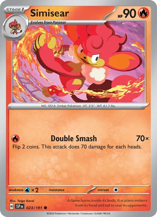 Simisear 023/191 Surging Sparks Pokémon card, Common, front scan