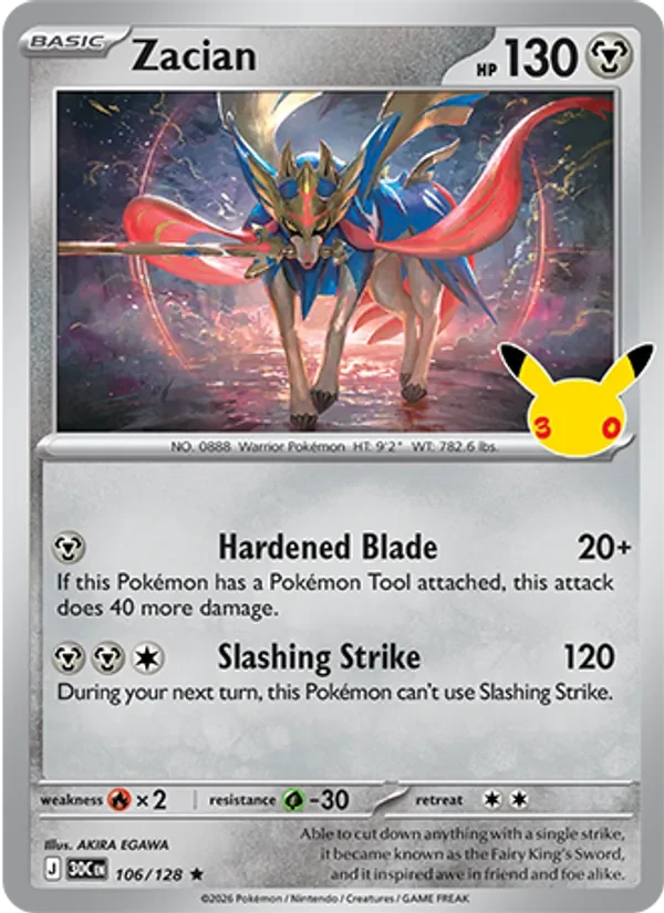 Zacian 106/128 30th Celebration Pokémon card, Rare, front scan