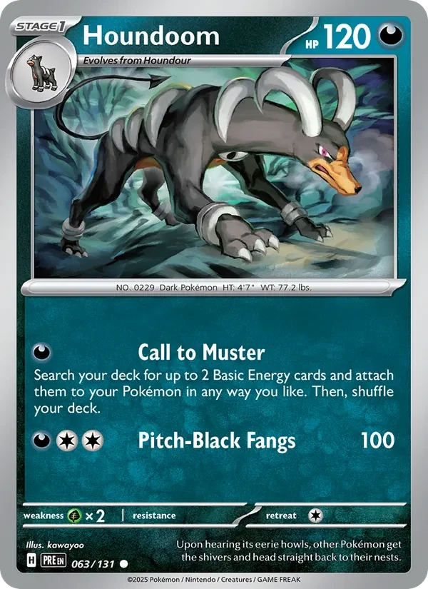 Houndoom 063/131 Prismatic Evolutions Pokémon card, Common, front scan