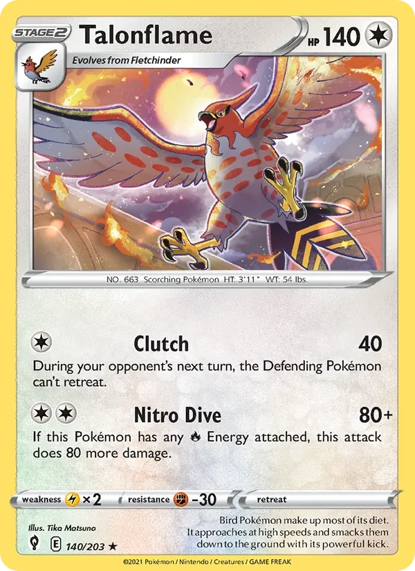 Talonflame 140/203 Evolving Skies Pokémon card, Rare, front scan