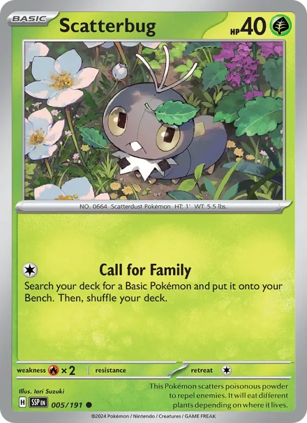 Scatterbug 005/191 Surging Sparks Pokémon card, Common, front scan